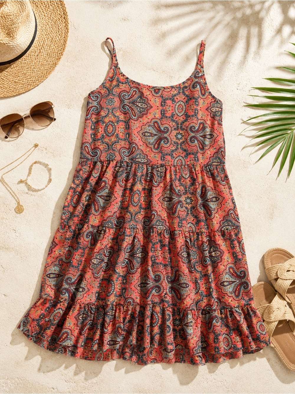 Paani Pink Coral Paisley Metallic Gold Foil Tiered Mini Dress S Small